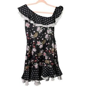 Anthropologie Lea And Viola One Shoulder Dress Black Ruffle Polka Dots Size S